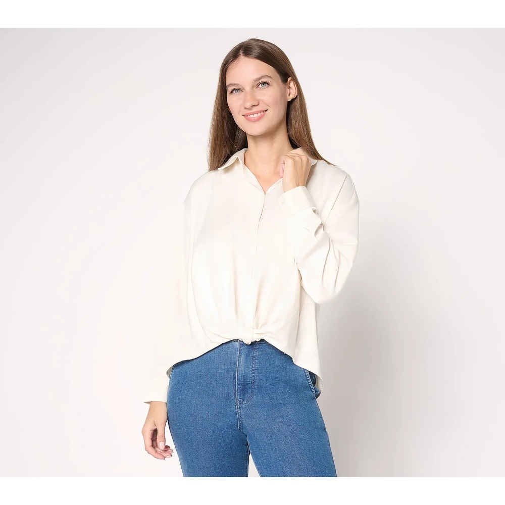 Me by Jennie Garth Cammie Knot Front Satin Blouse Natural X-Large #46-